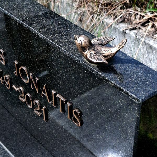 Gravējums ar bronzas putna akcentu